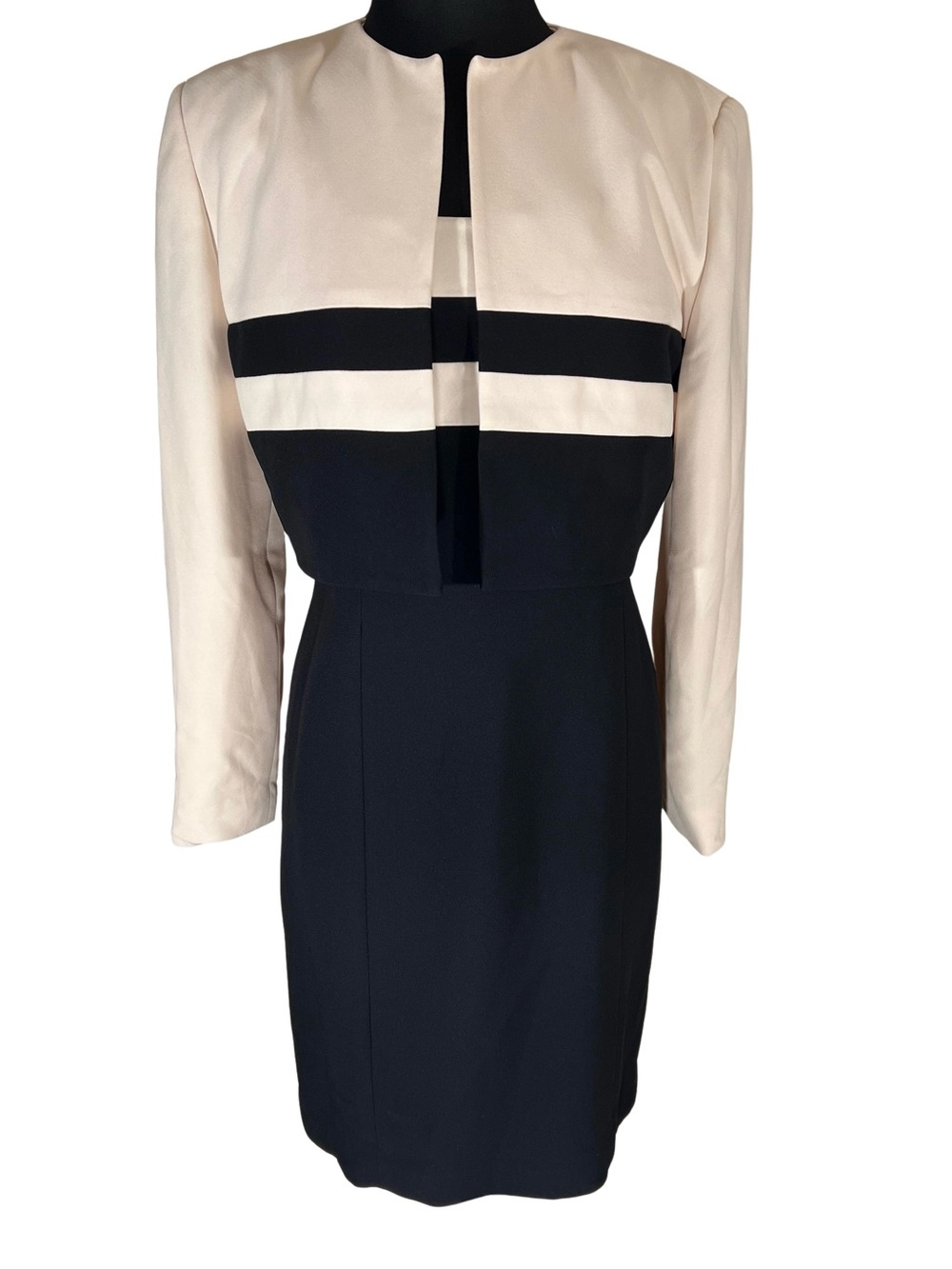 Jones New York 2 Piece Power Suit Black & Cream Midi Dress w Cropped Jacket